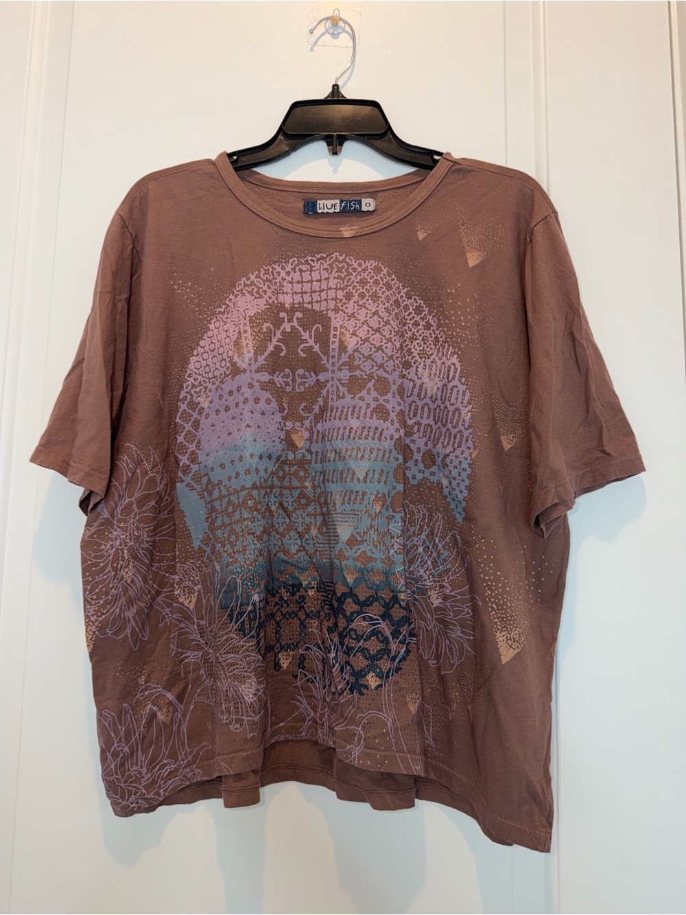 Blue Fish Brown Tee with Pastel Purple and Light Blue Skull Motif